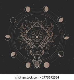 Vector illustration with hand drawn Antelope skull and Sacred geometric symbol on black vintage background. Abstract mystic sign. Gold linear shape. 