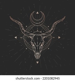 Vector illustration with hand drawn Antelope skull and Sacred geometric symbol on black vintage background. Abstract mystic sign. Gold linear shape. 