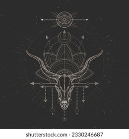 Vector illustration with hand drawn Antelope skull and Sacred geometric symbol on black vintage background. Abstract mystic sign. Gold linear shape. 