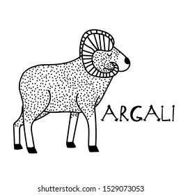 Vector illustration with a hand drawn argali and  a word "Argali"