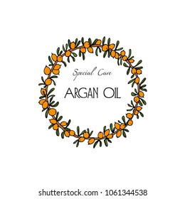 Vector illustration of hand drawn Argan tree wreath. Beautiful design elements, ink drawing, logo template