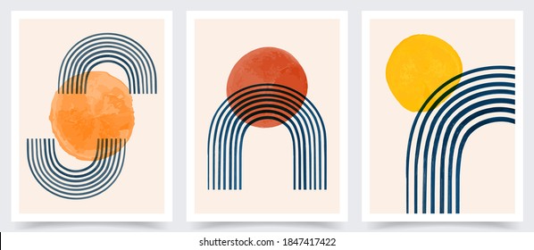 Vector illustration. Hand drawn art. Abstract posters set. Contemporary backgrounds. Mid century wall decor. Design elements for postcard, book cover, flyer, brochure, gift card. 50s, 60s graphic.