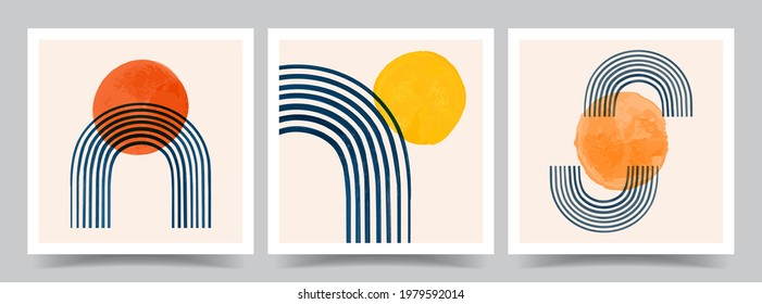 Vector illustration. Hand drawn art. Abstract posters set. Contemporary backgrounds. Mid century wall decor. Design for social media template, web banner. 50s, 60s graphic. Rainbow arch with sun