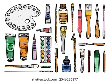 Vetor ilustração mão desenhado ferramentas de arte, tinta, kit de pincel, lápis, paleta de tinta, tinta de tubo de óleo, marcadores elementos isolados para impressão, design, venda banners, adesivos, humor, site, jogos