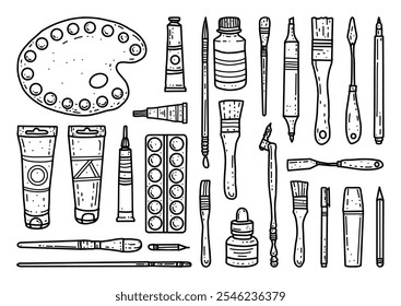 Vetor ilustração mão desenhado ferramentas de arte, tinta, kit de pincel, lápis, paleta de tinta, tinta de tubo de óleo, marcadores elementos isolados para impressão, design, venda banners, adesivos, humor, site, jogos