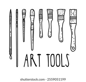 Vector illustration hand drawn art tools, ink, brush kit isolated elements for printing, design, sale banners, stickers, mood, website, games