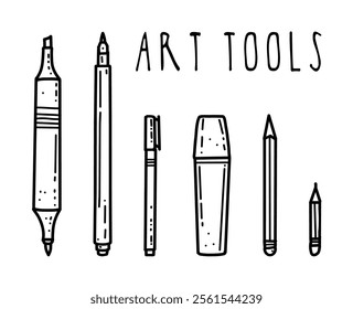 Vector illustration hand drawn art tools,markers, pens, pencils isolated elements for printing, design, sale banners, stickers, mood, website, games