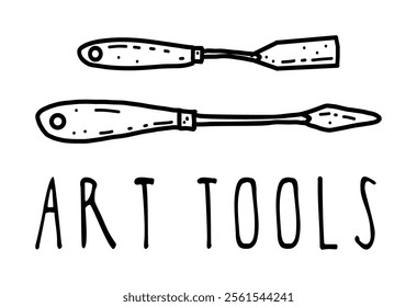 Vector illustration hand drawn art tools, palette knife isolated elements for printing, design, sale banners, stickers, mood, website, games