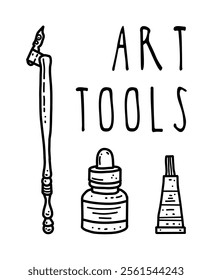 Vector illustration hand drawn art tools, pen, ink isolated elements for printing, design, sale banners, stickers, mood, website, games