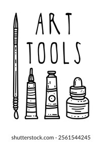 Vector illustration hand drawn art tools, brush, ink, paint, oil isolated elements for printing, design, sale banners, stickers, mood, website, games