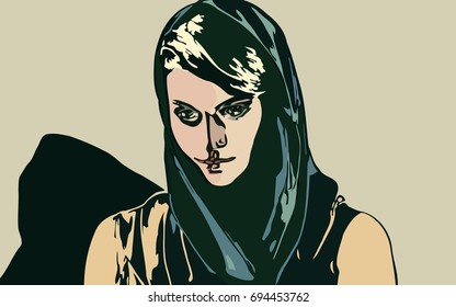 Vector illustration Hand drawn art colorful portrait sketching girl face in scarf