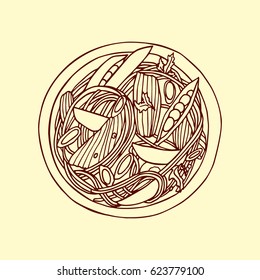 Vector illustration of hand drawn asian noodle bowl. Beautiful food design elements, perfect for any business related to the food industry.