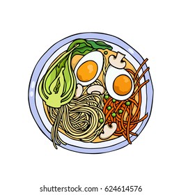 Vector illustration of hand drawn asian noodle bowl. Beautiful food design elements, perfect for any business related to the food industry.