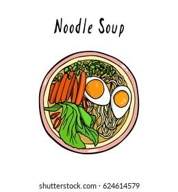 Vector illustration of hand drawn asian noodle bowl and chopsticks. Beautiful food design elements, perfect for any business related to the food industry.