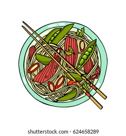Vector illustration of hand drawn asian noodle bowl and chopsticks. Beautiful food design elements, perfect for any business related to the food industry.