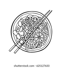 Vector Illustration Of Hand Drawn Asian Noodle Bowl And Chopsticks. Beautiful Food Design Elements, Perfect For Any Business Related To The Food Industry.