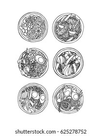 Vector illustration of hand drawn asian noodle bowls. Beautiful food design elements, perfect for any business related to the food industry.