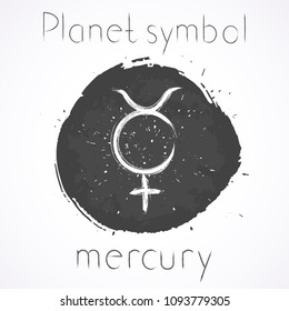 Vector illustration with Hand drawn astrological planet symbol MERCURY on a grunge ink background. Monochrome.