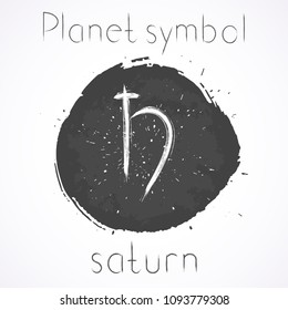 Vector illustration with Hand drawn astrological planet symbol SATURN on a grunge ink background. Monochrome.