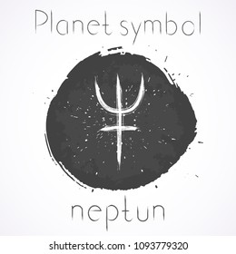 Vector illustration with Hand drawn astrological planet symbol NEPTUNE on a grunge ink background. Monochrome.