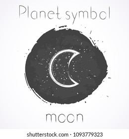 Vector illustration with Hand drawn astrological planet symbol MOON on a grunge ink background. Monochrome.