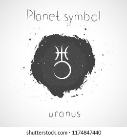 Vector illustration with Hand drawn astrological planet symbol URANUS on a grunge ink background. Monochrome.