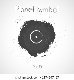 Vector illustration with Hand drawn astrological planet symbol SUN on a grunge ink background. Monochrome.