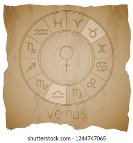Vector illustration with Hand drawn astrological planet symbol VENUS on a grunge old background with torn edge. Sepia.