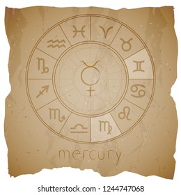 Vector illustration with Hand drawn astrological planet symbol URANUS on a grunge old background with torn edge. Sepia.