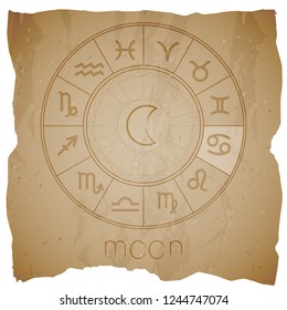 Vector illustration with Hand drawn astrological planet symbol MOON on a grunge old background with torn edge. Sepia.