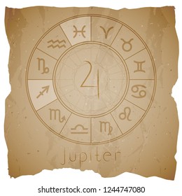 Vector illustration with Hand drawn astrological planet symbol JUPITER on a grunge old background with torn edge. Sepia.