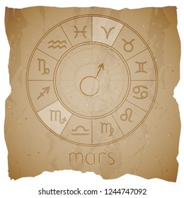 Vector illustration with Hand drawn astrological planet symbol MARS on a grunge old background with torn edge. Sepia.