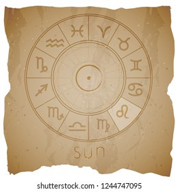 Vector illustration with Hand drawn astrological planet symbol SUN on a grunge old background with torn edge. Sepia.