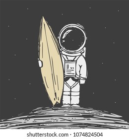 Vector Illustration: Hand Drawn Astronaut Surfer With Surfboard On Dark Space Background