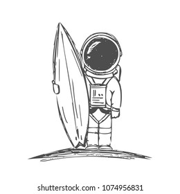 Vector illustration: Hand drawn astronaut surfer with surfboard on white background