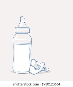 Vector Illustration of Hand Drawn Baby Feeding Bottle and Pacifier Isolated on Gray Background. 