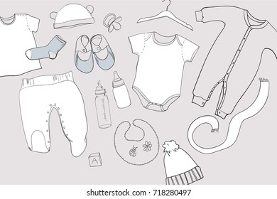 Vector illustration of Hand drawn Baby clothes Flat lay coordination on white background. Children collage. Top view. Template for blogger, social media