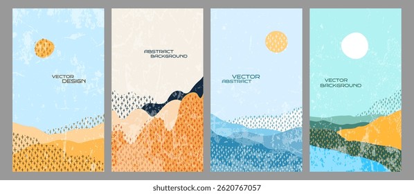 Vector illustration. Hand drawn background set with marker strokes. Hills with clear sky. Doodle childish landscape with line pattern shapes. Design for vertical wallpapers, flyer, coupon, voucher