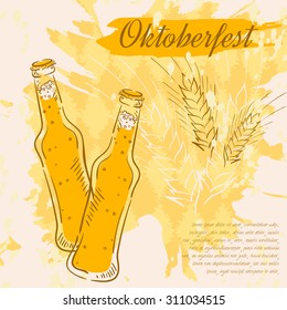 Vector illustration of hand drawn background for Oktoberfest with bottle of beer and wheat.