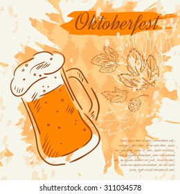 Vector illustration of hand drawn background for Oktoberfest with beer mug and hop leaf.