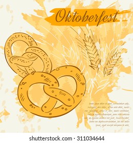 Vector illustration of hand drawn background for Oktoberfest with pretzel and wheat.