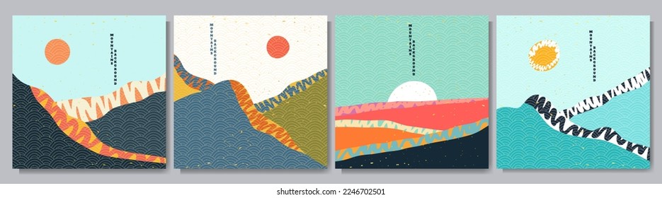 Vector illustration. Hand drawn backgrounds collection. Marker strokes. Hills with clear sky. Doodle childish landscape. Japanese line pattern. Design elements for social media template, web banner