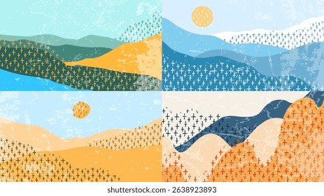 Vector illustration. Hand drawn backgrounds set with marker strokes. Hills with clear sky. Doodle childish landscape with line pattern shapes. Design for horizontal web banner, panoramic wallpaper