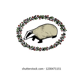 Vector illustration of hand drawn badger in floral wreath. Beautiful ink drawing, vector emblem