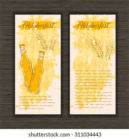 Vector illustration of hand drawn banner for Oktoberfest with beer bottle and wheat on artistic background. Can be used as a menu cover. 
