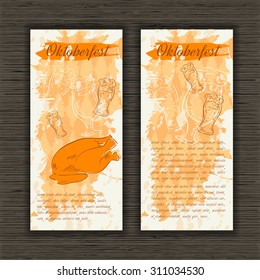 Vector illustration of hand drawn banner for Oktoberfest with chicken and beer mug on artistic background. Can be used as a menu cover. 