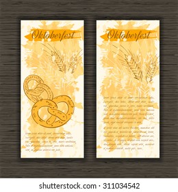 Vector illustration of hand drawn banner for Oktoberfest with pretzel and wheat on artistic background. Can be used as a menu cover. 