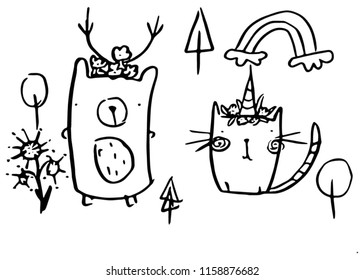 Vector illustration of hand drawn bear unicorn and cat unicorn. Cute rainbow and cloud.