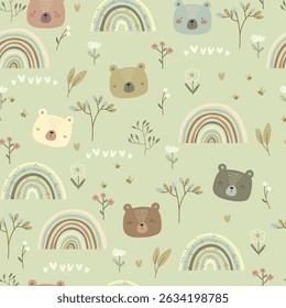 Vector illustration with hand drawn bears, rainbows and plants. seamless pattern with animals, flowers, hearts, leaves and rainbows. 