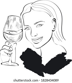 Vector illustration of hand drawn  beautiful lady holding wine glass isolated on white background. Sketch minimal style. Concept for ladies night party, bar, happy cocktail hour, bar restaurant logo.
